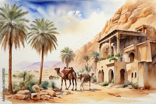  a landscape of the Arabian Peninsula in the past, for houses, palm trees and camels 