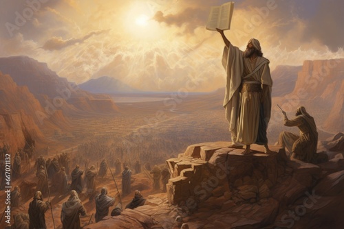 Moses on Mount Sinai receiving the tablets biblical story photo