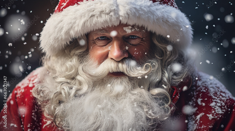 Authentic old Santa Claus at christmas with long white gray beard and red hat, snowflakes flying in xmas winter Authentic old Santa Claus at christmas with long white gray beard and red hat, snowflakes flying in xmas winter