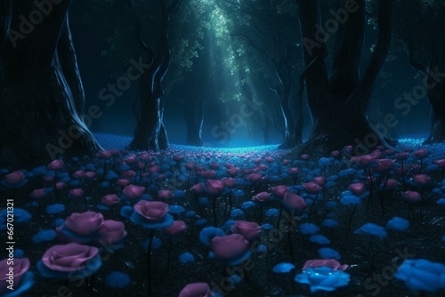 High-definition cg rendering of a dark rose forest with luminous rosea. A path of roses leads through a ground covered in floating blue roses. Generative AI