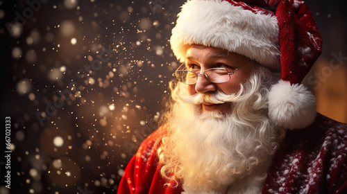 Authentic old Santa Claus at christmas with long white gray beard and red hat, snowflakes flying in xmas winter photo