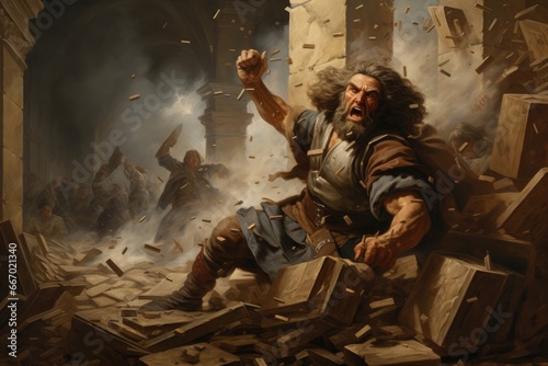 Samson destroying the Philistine temple - biblical story photo