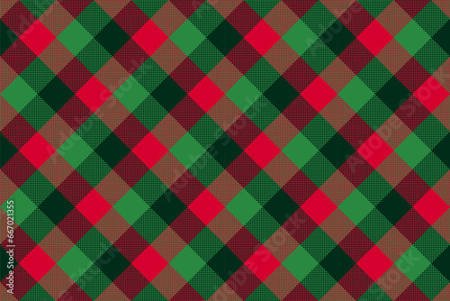 Christmas Plaid patten horizontal background. Vector checkered red and green plaid textured wallpaper. Traditional diagonal fabric print. Flannel winter plaid texture for fashion, print, design.