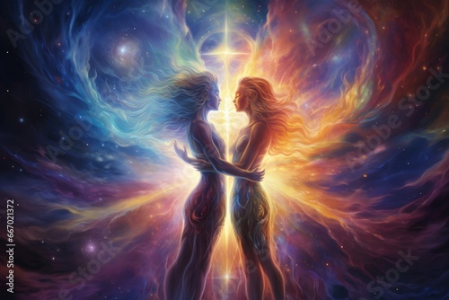 Seraphic beings embracing in the midst of a celestial aurora.