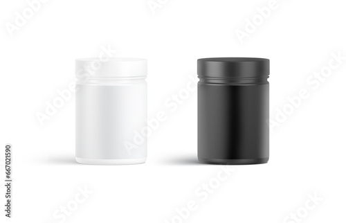 Blank black and white vitamin jar with label mockup, isolated