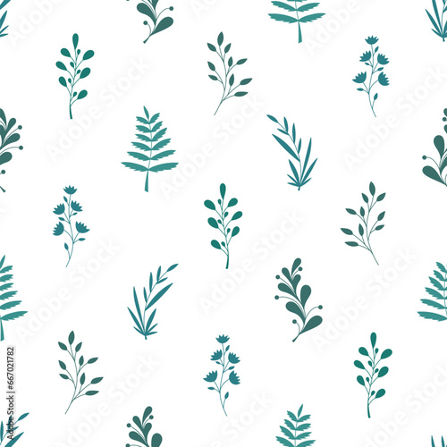 Hand drawn vector seamless pattern with floral elements. Vector pattern with leaves, twigs, branches, berries, grass