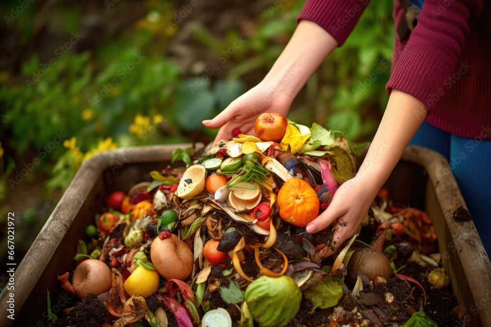 Person composting food waste in backyard compost bin garden Stock Photo ...