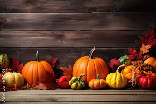 Pumpkin and decoration with autumn leaves on wooden desk. Autumn thanksgiving concept
