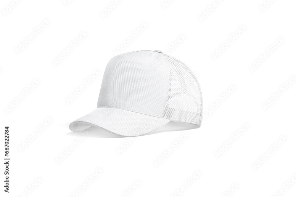 Fototapeta premium Blank white trucker hat mockup, half-turned view