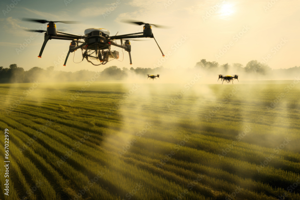 Drone flies over a green field and sprays crops. Modern technologies in agriculture. - obrazy, fototapety, plakaty 