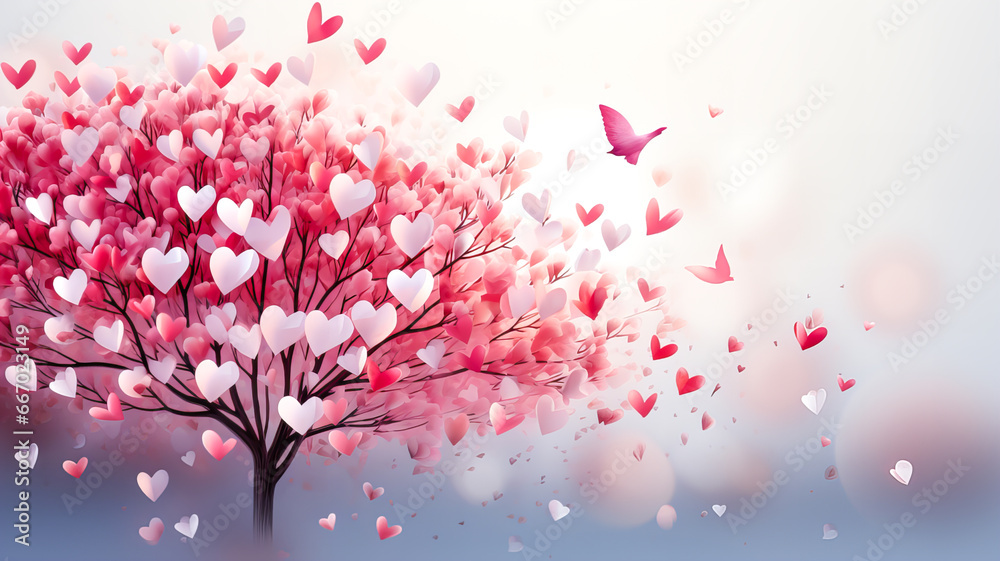Valentine's day pink background with heart tree and flying paper hearts and butterflies. Generative AI technology. Valentine's day pink background with heart tree and flying paper hearts and butterflies. Generative AI technology.