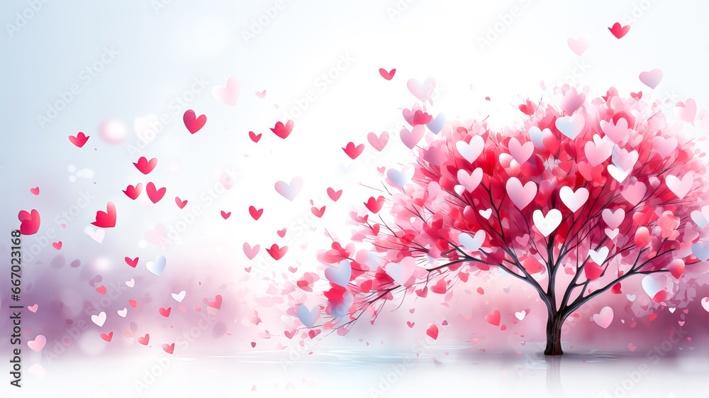 Valentine's day pink background with heart tree and flying paper hearts and butterflies. Generative AI technology.