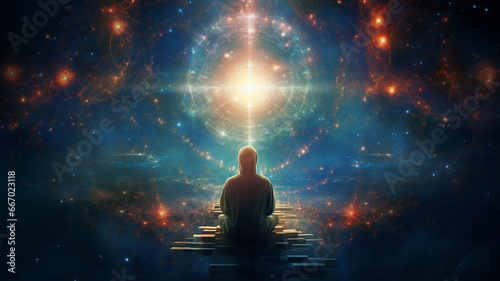 A meditating man radiates galactic energy.