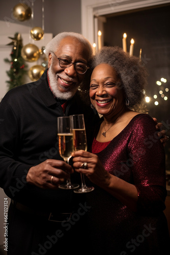 Elderly senior couple celebrating New Years Evening at home together. Generative AI