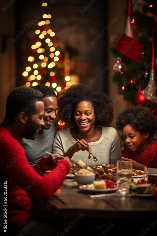 Happy famili eating together festive Christmas dinner at home. Generative AI Happy famili eating together festive Christmas dinner at home. Generative AI