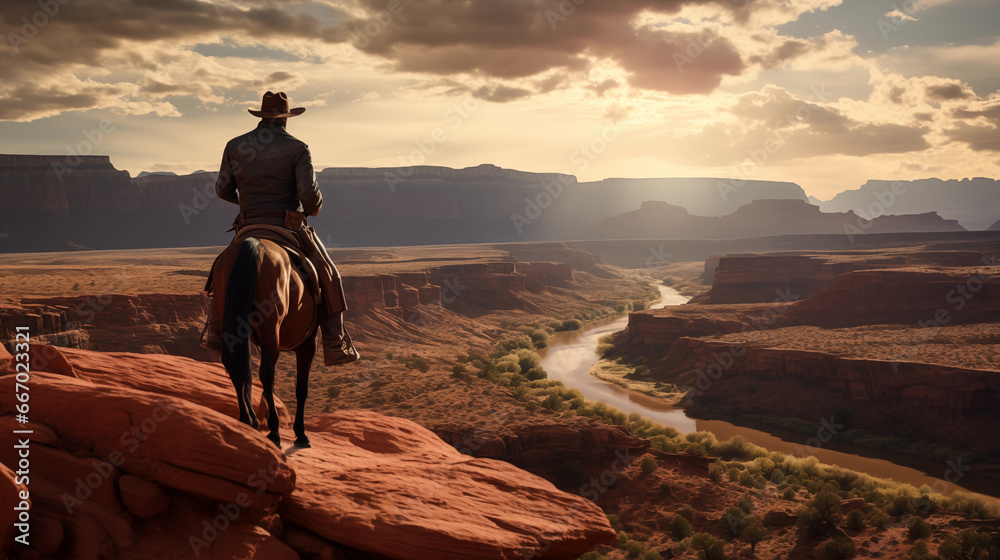 Cowboy riding horse at sunset looking out over a river snaking through the canyon.