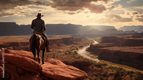Cowboy riding horse at sunset looking out over a river snaking through the canyon.