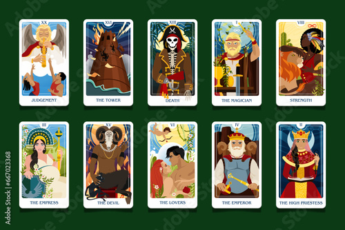 Judgment, the tower, the Empress, the Emperor, the Lovers, Death and others. A set of tarot cards of the senior arcana. Occult esoteric spiritual Tarot. Numerology and fortune telling