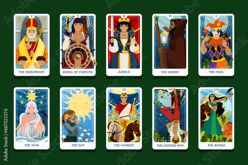 Fool, the Hierophant, the Hermit, the Emperor, the Hanged man, fortune and others. A set of tarot cards of the senior arcana. Occult esoteric spiritual Tarot