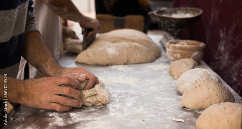 Male hands knead yeast dough for baking bread