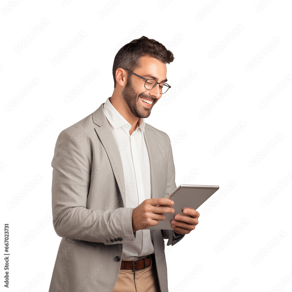 businessman with tablet enjoying tech moment on white