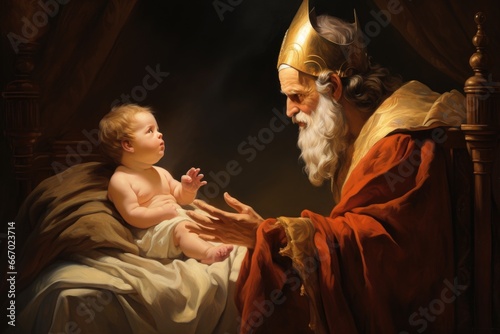 Solomon's wisdom with the baby dispute. biblical story photo