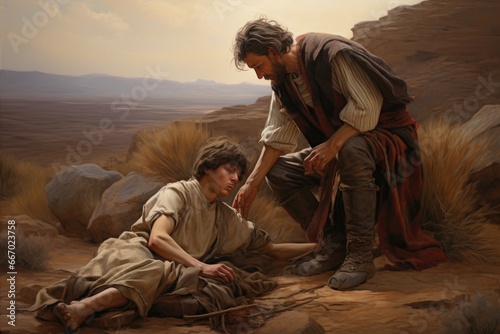 Fototapeta The Good Samaritan helping the injured man biblical story
