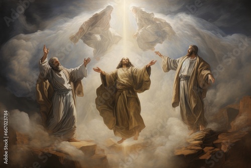 The transfiguration with Moses, Elijah, and Jesus biblical story photo