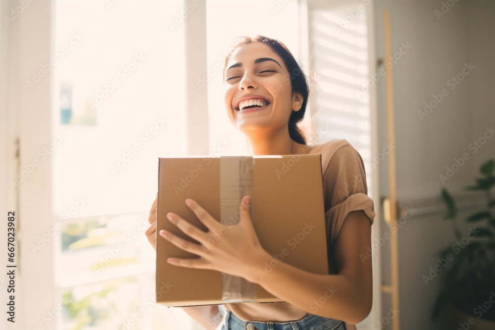 Shopping And Delivery Service, Joyful Middle Eastern Lady Holding Cardboard Box Receiving Delivered Package Standing At Home, Smiling With Eyes Closed, Shopaholism And E-Commerce Concept Shopping And Delivery Service, Joyful Middle Eastern Lady Holding Cardboard Box Receiving Delivered Package Standing At Home, Smiling With Eyes Closed, Shopaholism And E-Commerce Concept