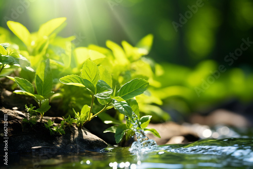 Green plants growing in a stream in the forest. Shallow depth of field
