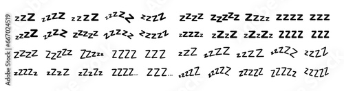 Large set of doodle lettering zzz's. Illustration of sniffing, sleeping, snoring. Vector illustration drawn by hand. Black letters on white background.