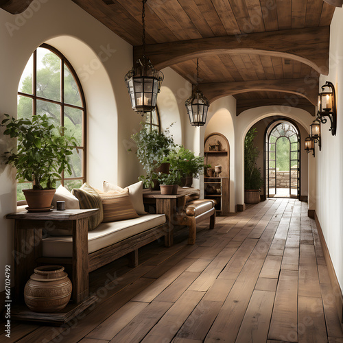 Timber beam ceiling and arched door in mediterranean style hallway. Interior design of modern rustic entrance hall with door in farmhouse