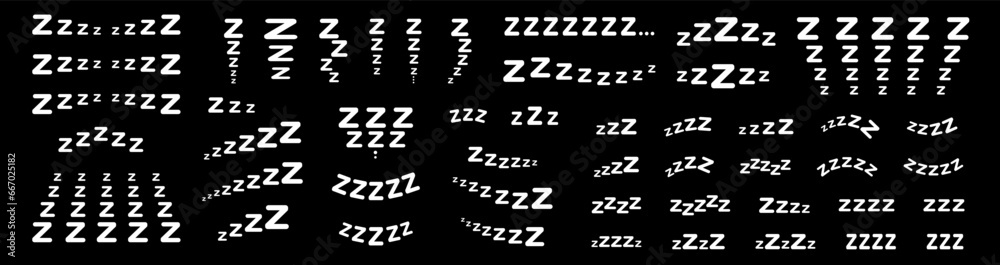 Large set of doodle lettering zzz's. Illustration of sniffing, sleeping, snoring. Vector illustration drawn by hand. White letters on a black background. - obrazy, fototapety, plakaty 