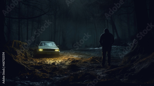 Man digging a grave with pickaxe, car with headlight on, at night in the forest