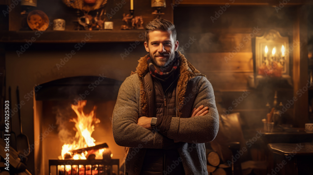 Man is standing in front of a roaring fire. With arms crossed