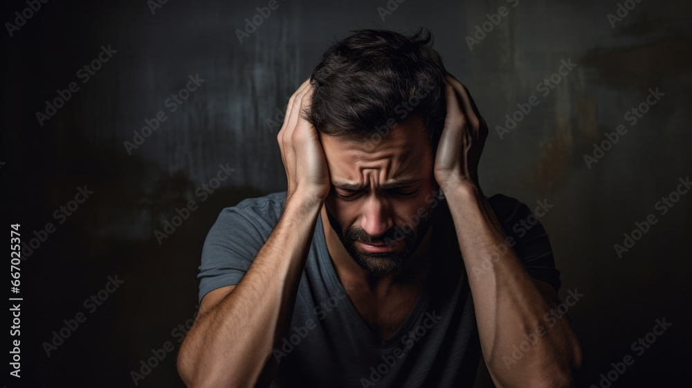 Man with pain facial expression is sitting and having headache Man with pain facial expression is sitting and having headache
