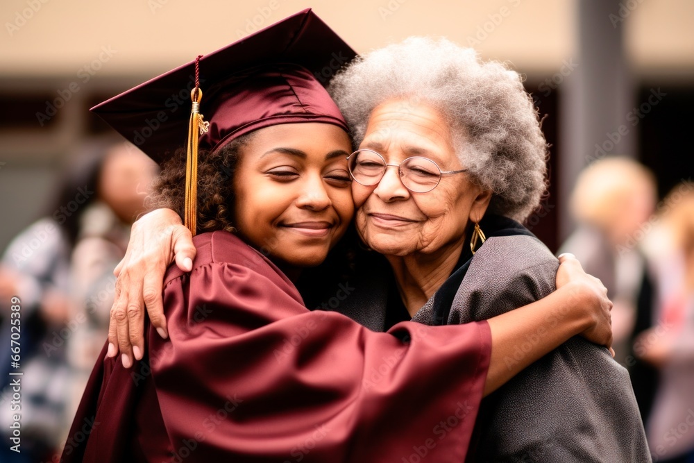 young student woman hugging her grandmother after graduation, . family and education concept