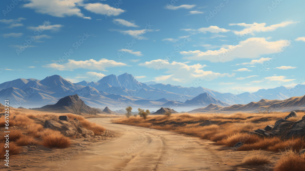 Painting of a dirt road with a mountain