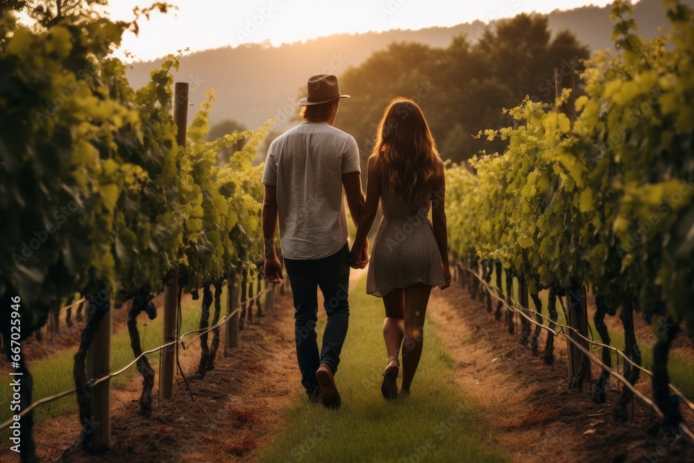 Image of a couple strolling through the vineyard. Generative AI - obrazy, fototapety, plakaty 