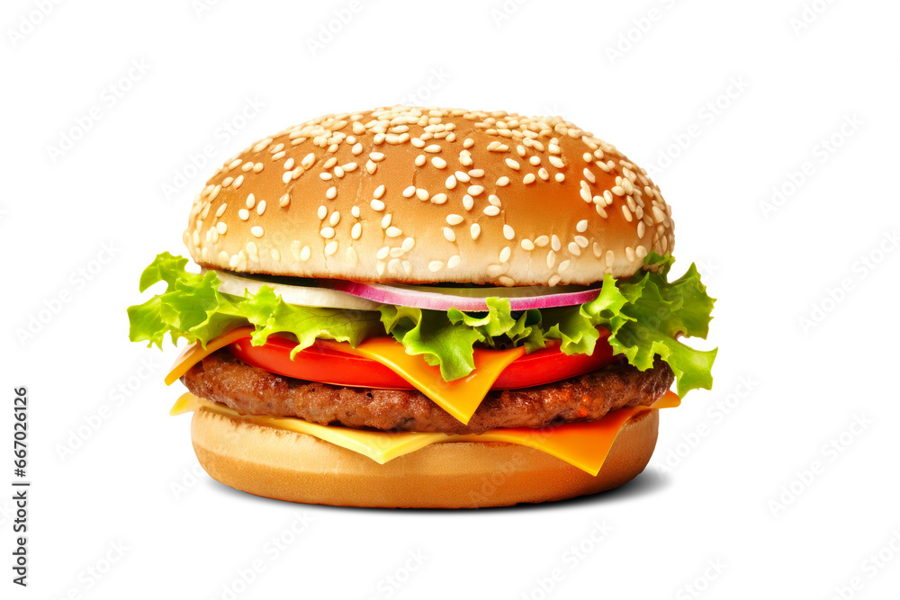 Hamburger or cheeseburger isolated on white background. Fast food. Fast food concept. Close-up. Advertising. Hamburger or cheeseburger isolated on white background. Fast food. Fast food concept. Close-up. Advertising.