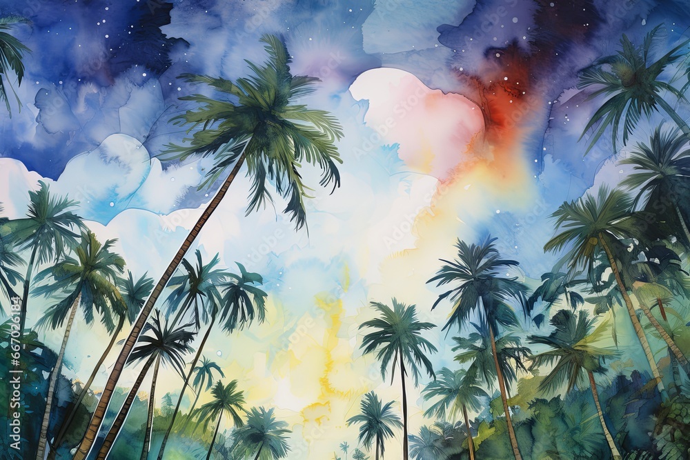 A group of palm trees and the sun