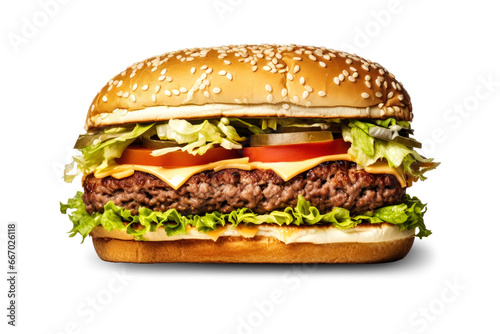 Hamburger or cheeseburger isolated on white background. Fast food. Fast food concept. Close-up. Advertising. photo