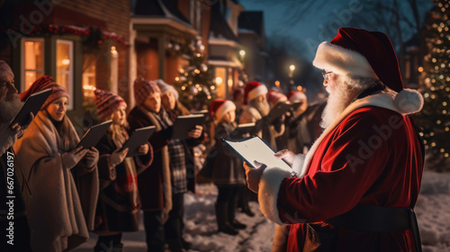 People are celebrating New Year, festive scene of carol singers outdoors