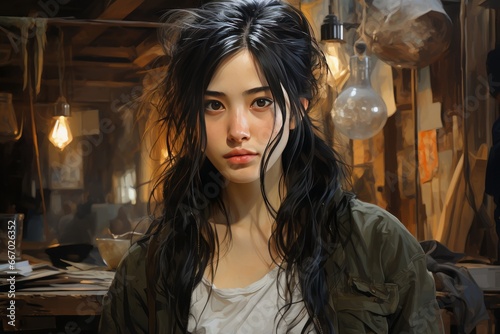 Modern Chinese woman painting, black hair