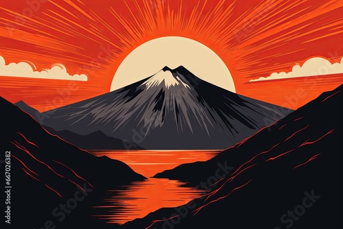 Mountain scene with red sky  white clouds and sunshine  river