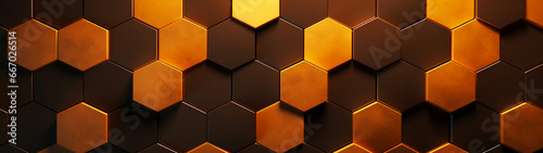 Modern minimal business banner with hexagon pattern. Gold and bronze background. Generative AI