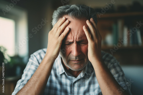 Senior man holding head in pain © alisaaa