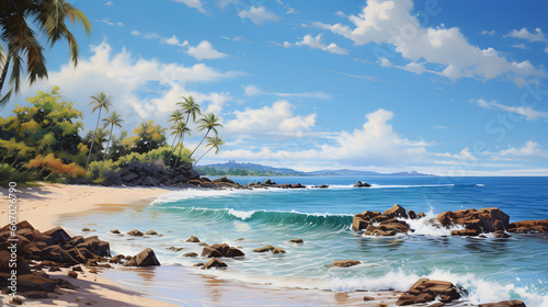 Beautiful, blue sea, waves hitting the rocks, white sand beach. Sea coast, blue sky, summer vacation destination landscape background