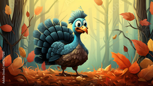Adorable Baby Gobbler Turkey with Silly Expression in Fall Nature Setting with Vibrant Colors - Leaves and Trees in Forrest - Thanksgiving and Autumnal Concept