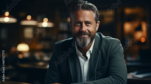 Portrait of handsome middle-aged man in suit looking at camera and smiling while sitting in cafe. Generative Ai.